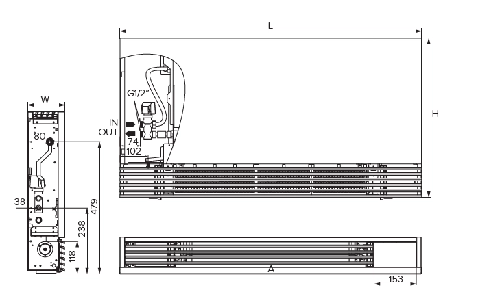 Ultra-slim fan coil unit dimensions for Silent series model.