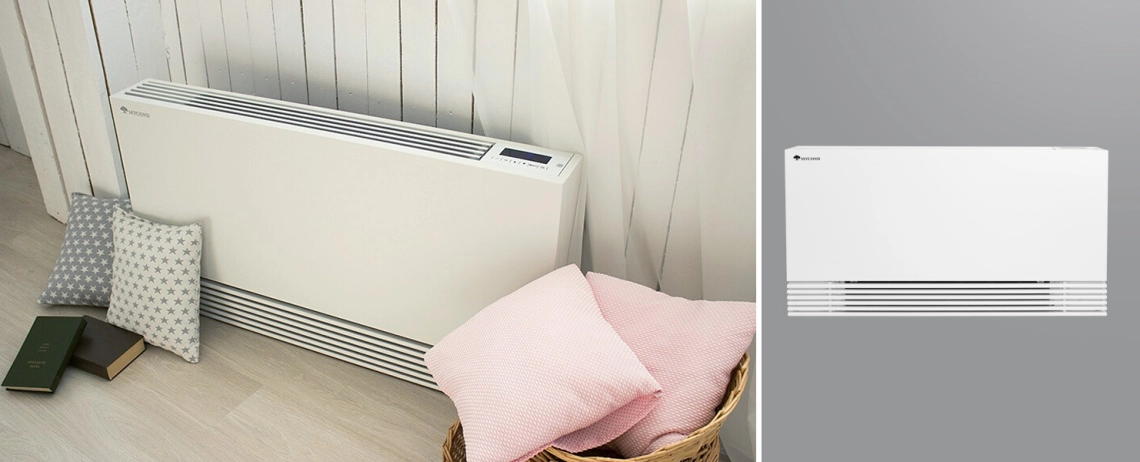 Ultra-slim fan coil unit with BLDC motor for cooling, heating, and dehumidification, providing low noise and high airflow.