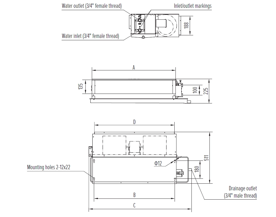 Diagram showing dimensions of Medium ESP duct fan coil units MyCond MCFC series.