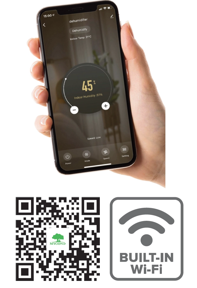 Hand holding MyCond YUGO Smart 16 dehumidifier showcasing its compact design.