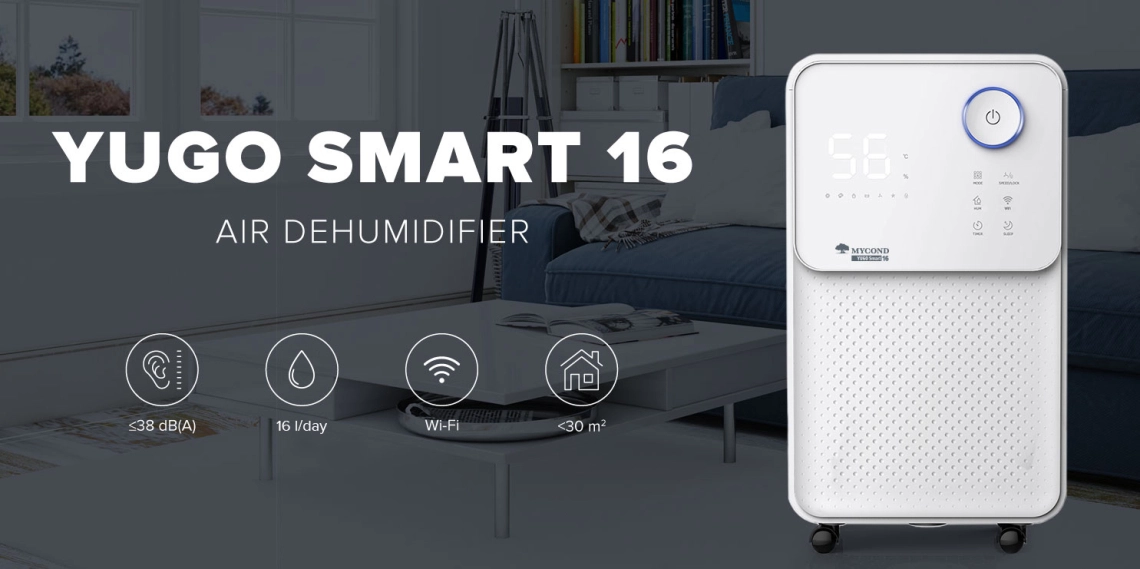 YUGO Smart 16  Compact dehumidifier with quiet operation and high efficiency.